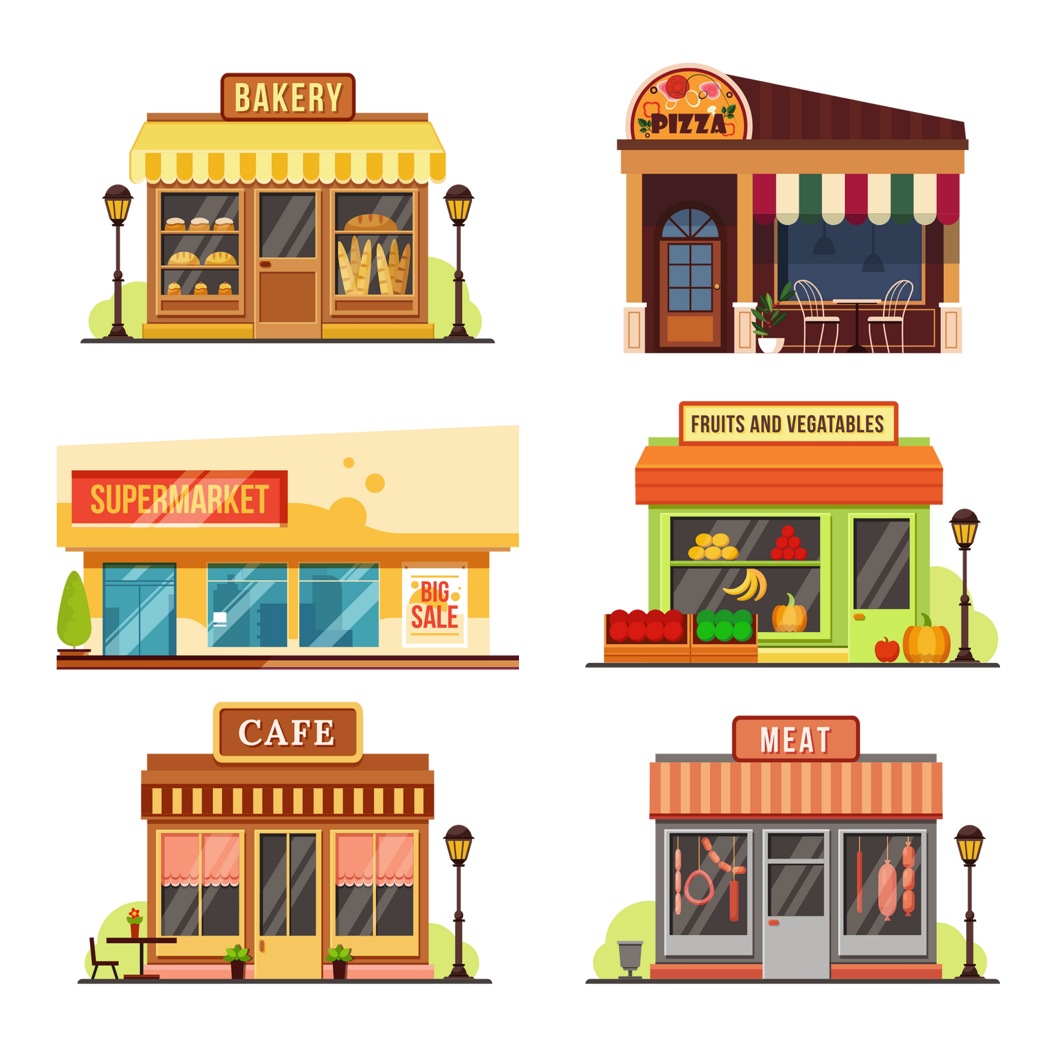 Cafe, supermarket, bakery, meat, pizza, fruits shops