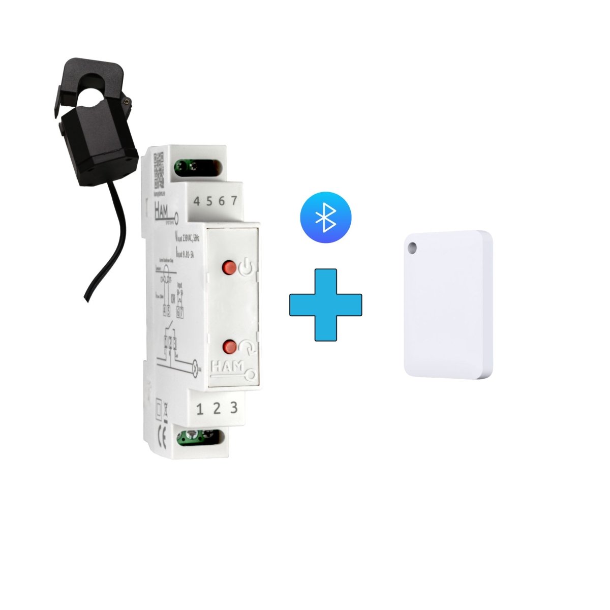 Interruptor elétrico com medição, símbolo Bluetooth e comando sobre fundo branco